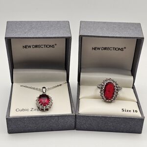 *NEW* New Directions 2 Piece Ruby CZ Matching Silver Finish Ring and Necklace